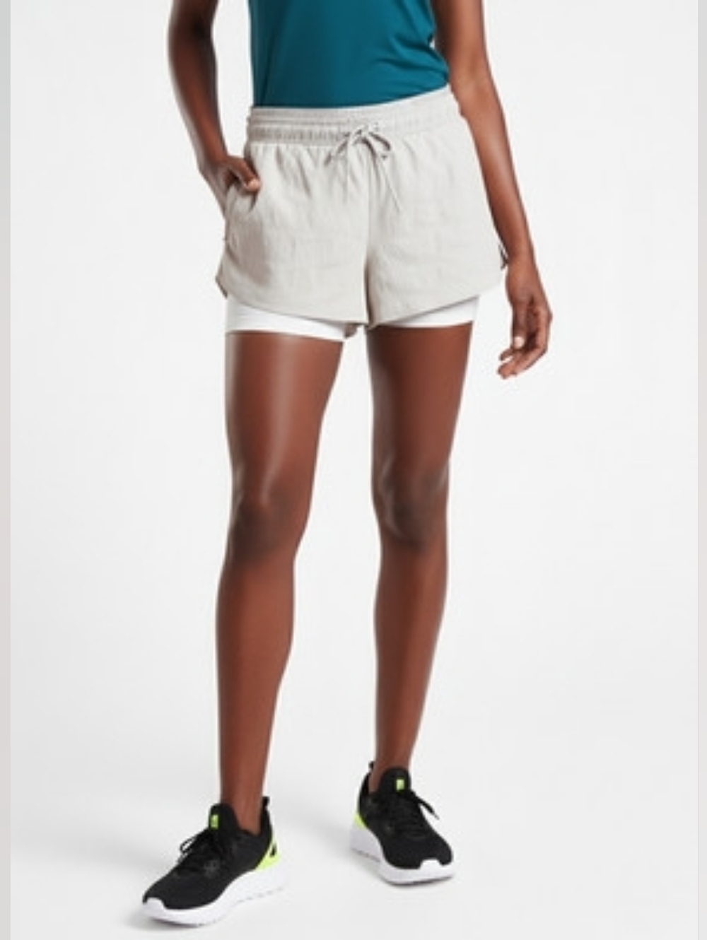 Athleta Trekkie Crest 2 In 1 Running Shorts in Light Gray Size:4